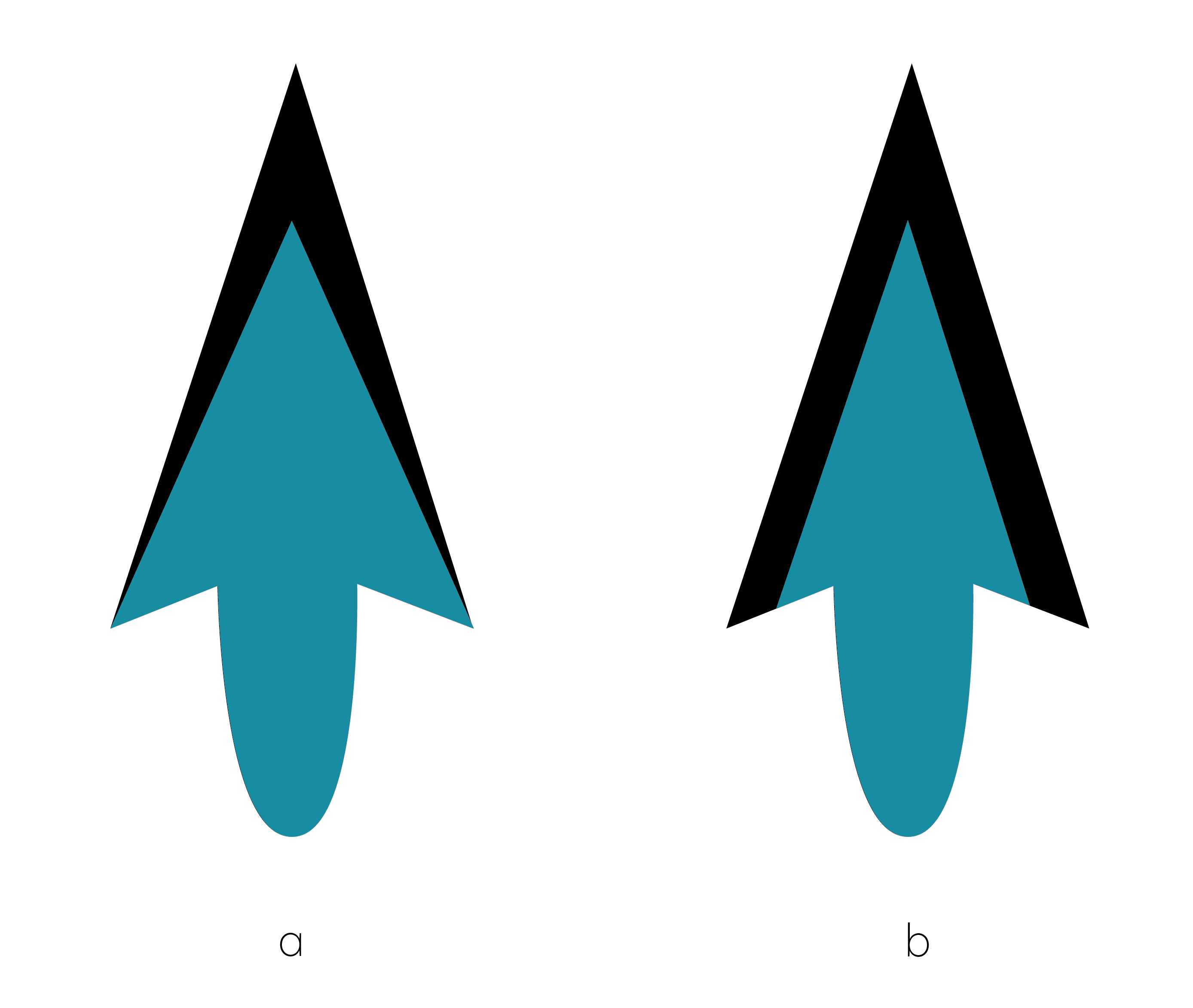 Conceptual rendering of differences found to occur between Perdiz arrow point resharpening trajectories in the a, northern;  and b, southern behavioural regions. In both cases, attributes associated with hafting---`maximum stem length` and `stem width`---are morphologically stable. However, differential approaches to resharpening and/or retouch resulted in distinct shape differences in Perdiz arrow point blades. Resharpening and/or retouch efforts of Caddo knappers from the northern behavioural region was limited to `maximum blade length`, while those from the southern behavioural region were found to be more dynamic, including changes in `maximum blade length`, `width`, and `shoulder width` that occur between `size classes`.